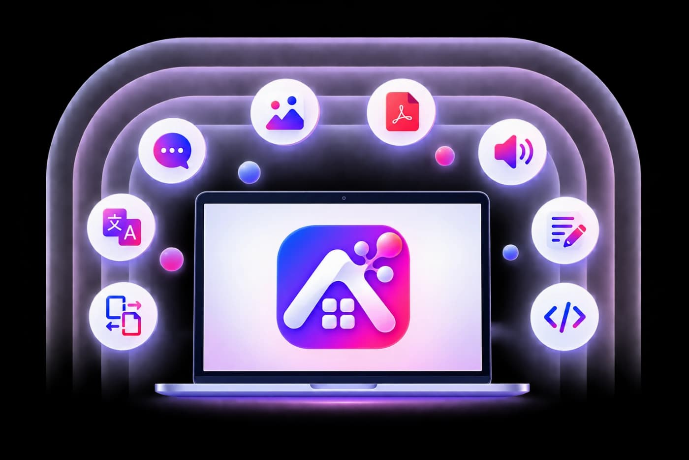 A laptop surrounded by AI Mobilestore's tool icons: chat, images, PDFs, audio, translation, file conversion, writing and code
